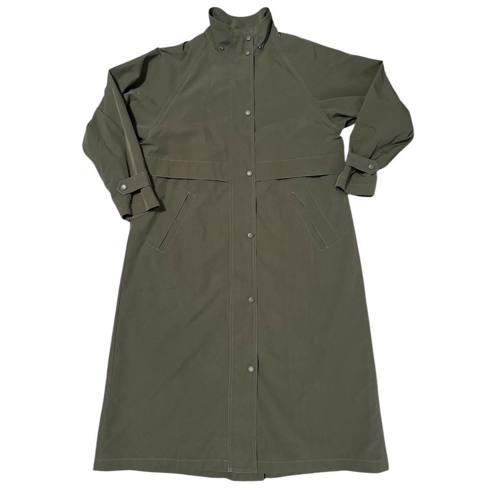 LL Bean Womens M‎ Medium Petite Long Maxi Trench Coat Olive Green Outerwear